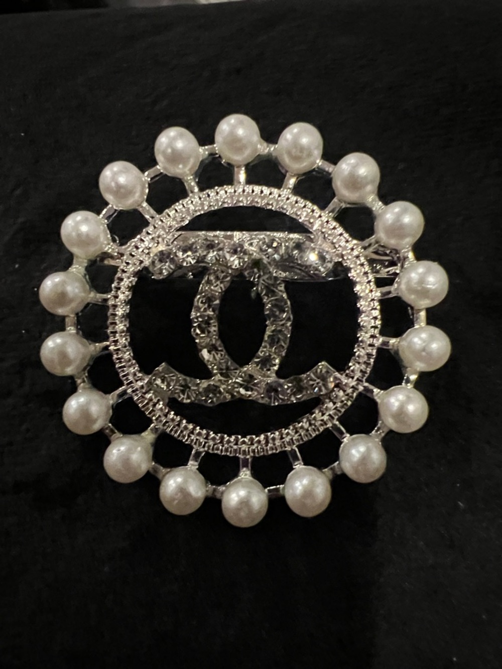 CHANEL Silver-Tone Pearl & Crystal Double C Brooch